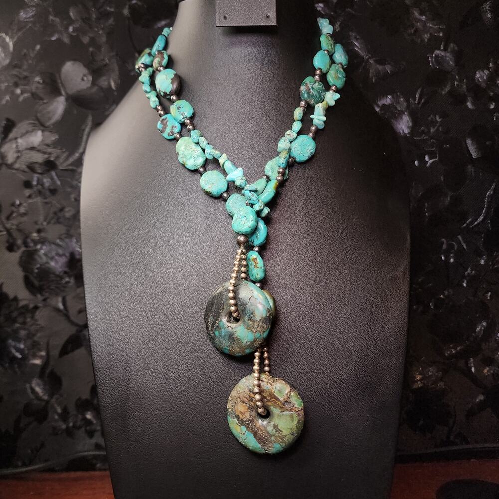 Hubei Turquoise Nugget Lariat Wrap Necklace Sterling Silver Desert Pearls - Picture 9 of 9